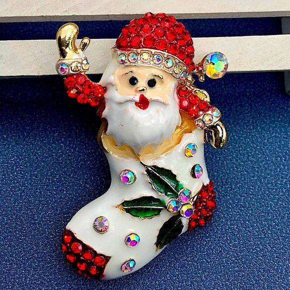 Crystal Santa Stocking Delightful Red & Green Enamel Brooch - Picture 2 of 4